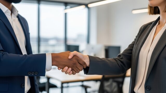 Close-up of a business handshake between a man and a woman in an office.
