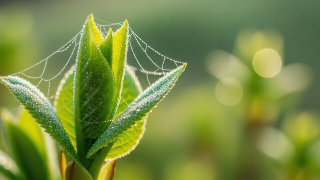 Close-up of a new plant shoot with a spider web and morning dew.