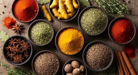 Colorful spice bowls overhead on rustic wooden background with healthy cooking concept.