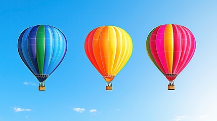Naklejka premium Three Colorful Hot Air Balloons Soaring in a Clear Blue Sky