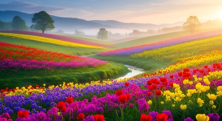 Fototapeta premium Colorful tulip fields in bloom with stream flowing through a vibrant spring landscape at sunrise.