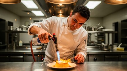 Chef torching the top of a dessert in a professional kitchen.