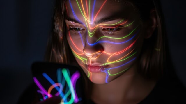 Biometric facial scan with glowing lines on a woman's face.