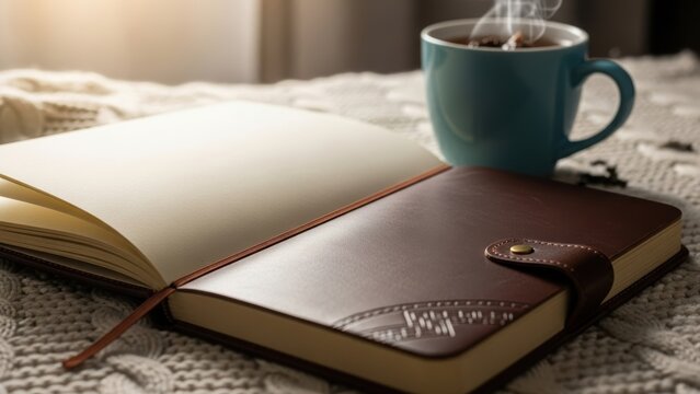 An open journal and a steaming mug of coffee on a cozy knit blanket.