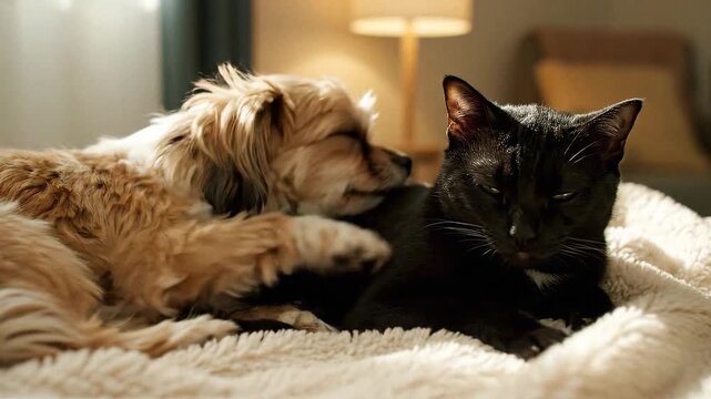 Dog and black cat snuggling together on soft blanket, cozy friendship moment at home