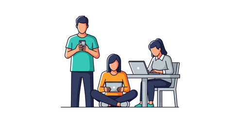 Tech savvy team working remotely man with phone woman with tablet and lady using laptop illustrating collaboration and modern communication