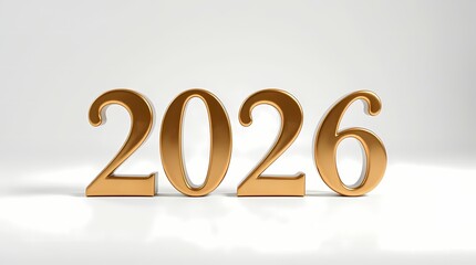 Elegant golden 3D text '2026' on a clean white background, with a cast bronze surface.