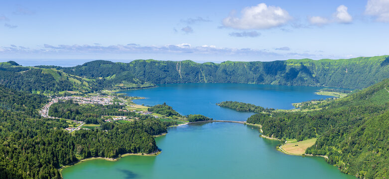 Panoramic view of Lagoa das Sete Cidades. S&atilde;o Miguel island, Azores, Portugal