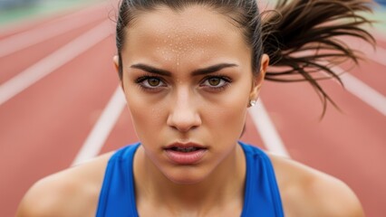 An intense close-up of a female athlete's face, covered in sweat, on a running track.