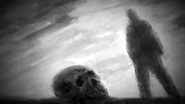 Dark man picks up the sacred skull and places it on his forehead. Scary grunge 2D animation on black and white background. 4K animated video clip with brush strokes. Frightening moving pictures.