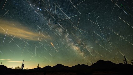 A time-lapse of a meteor shower with the Milky Way above a desert.