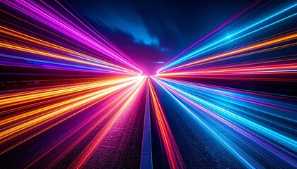 An abstract long exposure of vibrant neon light trails streaming down a futuristic highway, symbolizing speed, data transfer, and forward motion