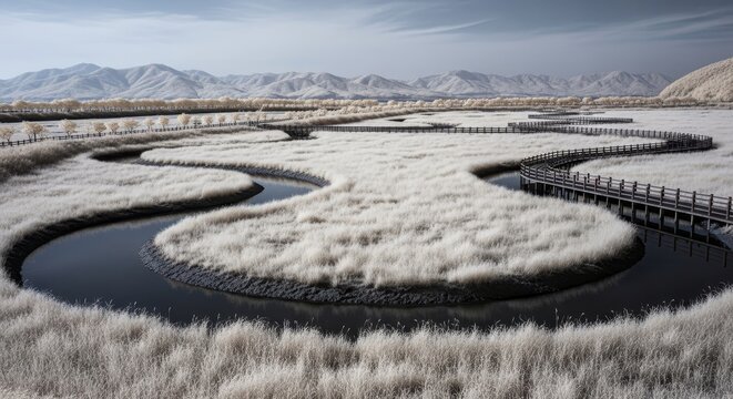Frozen wetland landscape with meandering river channels wooden boardwalks and snow covered mountains in winter wilderness area - Powered by Adobe