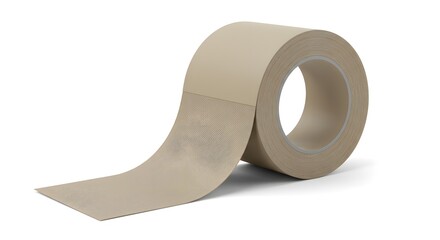 Single Roll of Brown Adhesive Packing Tape, Partially Unrolled, Isolated on Clean White Background for Packaging and Crafting Needs