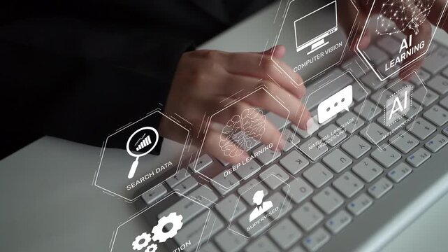 AI learning system involves deep learning, supervised machine learning, and natural language processing. AI learning diagram shows how AI advances learn in automation and data processing. Muxer