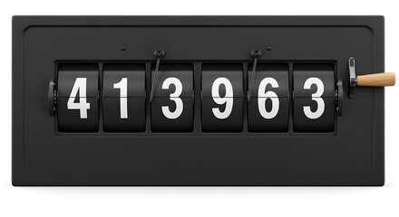 Close-up of a classic black mechanical six-digit counter displaying a numerical value with a wooden reset handle, isolated on white.