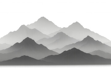 Layered mountain range silhouettes with fog effect, grayscale nature landscape, transparent background design element