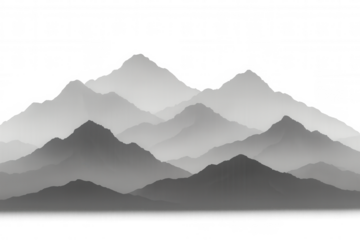 Layered mountain range silhouettes with fog effect, grayscale nature landscape, transparent background design element
