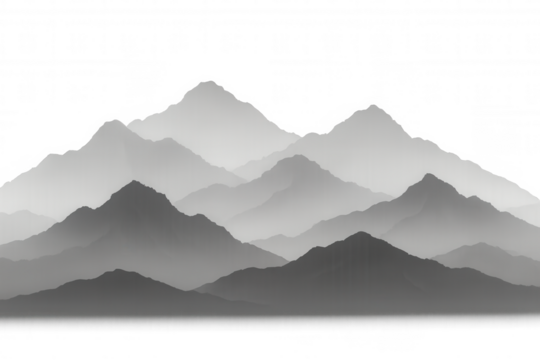 Layered mountain range silhouettes with fog effect, grayscale nature landscape, transparent background design element