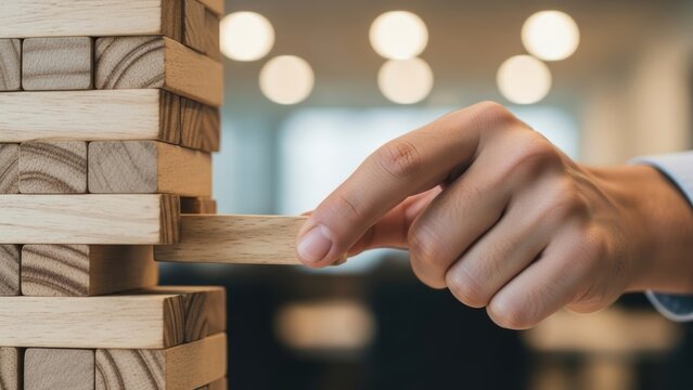 A hand pulling a wooden block from a stacking tower game.