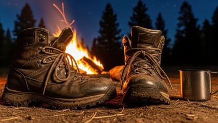 A pair of hiking boots and a mug in front of a campfire at night.