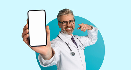 A healthcare worker is smiling and pointing at a smartphone, emphasizing modern technology's role in patient care and remote consultations. The blue background highlights the friendly atmosphere.