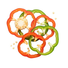 Sliced red and green bell peppers with seeds isolated on transparent background