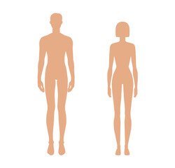 Male and Female body silhouettes Tan beige skin color diversity shades front view vector set. Inclusive beauty human anatomy template, multicultural variation, man women different art, fashion concept