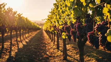 Fototapeta premium Rows of grapevines in a vineyard illuminated by the golden light of sunset.