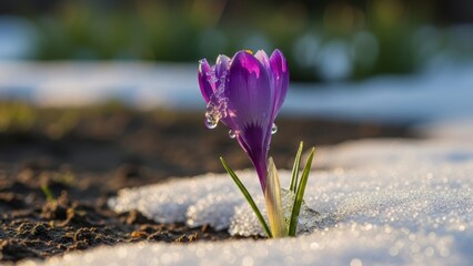Obraz premium A bright purple crocus covered in melting ice, backlit by the morning sun in the snow.