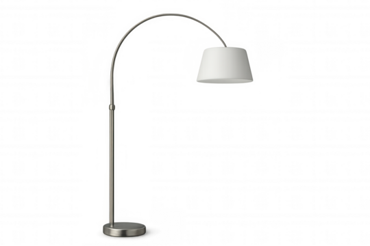 Arched metal floor lamp with a white fabric shade, providing decorative lighting. Isolated on a transparent background