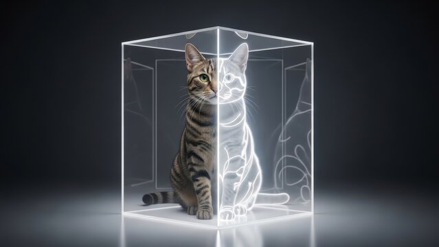 A cat in a transparent box, half real and half a glowing outline, illustrating Schr&ouml;dinger's cat.