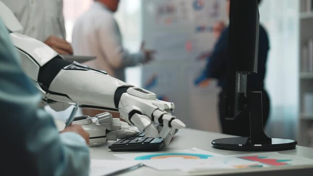 A futuristic workplace where business professionals leverage AI-powered analytics to refine strategies and optimize performance. Noogenesis AI