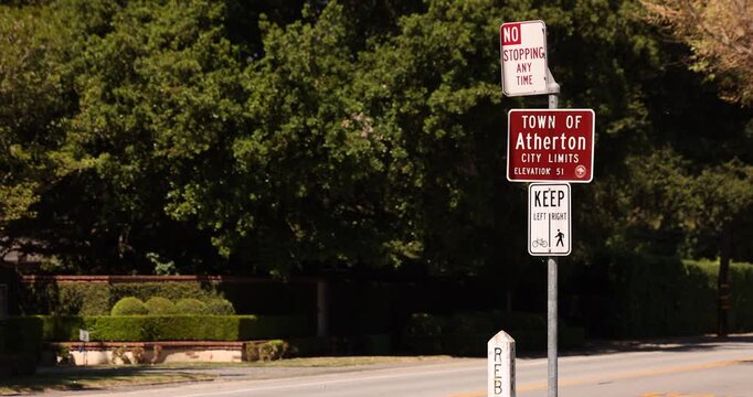 Atherton, California, USA - April 18, 2025: A sign delineates the city limits for the Town of Atherton.
