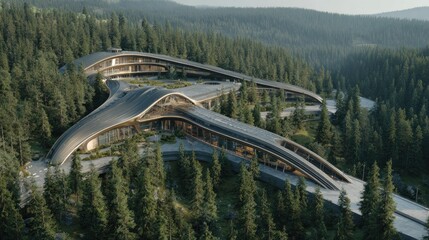 Modern architectural design nestled within a lush evergreen forest landscape