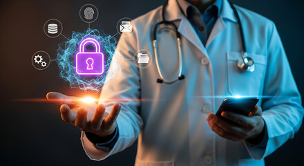 Doctor using secure medical app on smartphone, safeguarding patient data with advanced encryption, telehealth solutions, and digital healthcare innovation