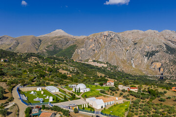 Aerial drone view Isnello Sicilian mountain town with GAL Hassin Astronomical Park and observatory on Mount Mufara, panoramic view of the Madonie Mountains, Sicily, Italy