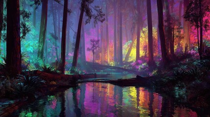 Vibrant forest scene with reflective water and colorful canopy