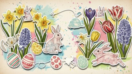 A colorful Easter-themed collage with bunnies, eggs, and spring flowers.