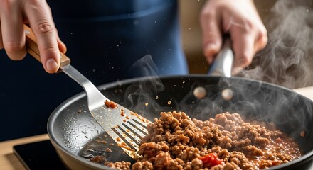 Cooking Ground Meat in Pan with Person Stirring Food, Home Kitchen, and Food Preparation.
