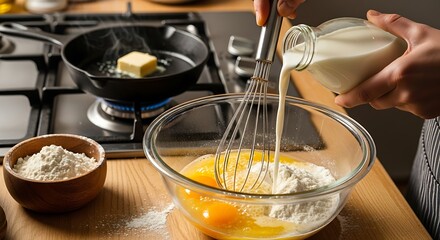 Cooking Breakfast Whisking Eggs  Flour with Milk for Pancakes on Kitchen Counter.