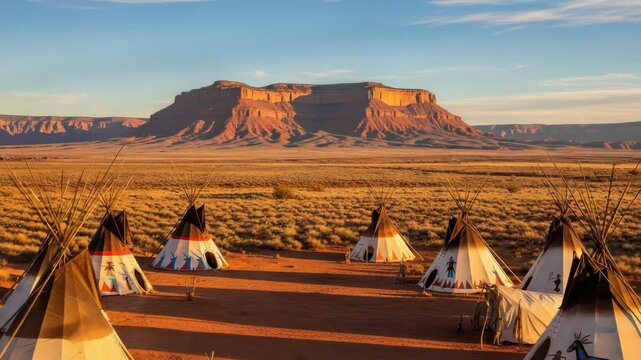 camp of colorful decorated tipis stands on reddish earth amidst golden desert scrub Majestic red rock mesas loom under clear blue sky in this vibrant sunlit landscape