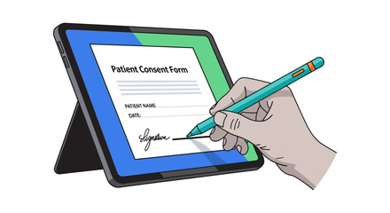 signing patient consent form hand using stylus on tablet computer to sign healthcare form for digital signatures in medical industry.