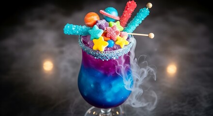 Cosmic Cocktail with candy planets  stars with smoky galaxy effect, and party drink.