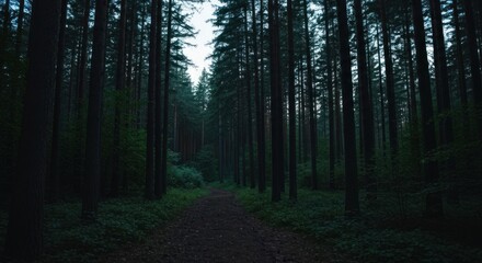 Obraz premium Path through a dark, dense forest. Tall pines line a narrow dirt trail. Soft light filters through the canopy