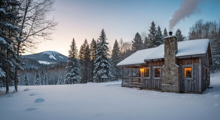 Snowy cabin nestled in a winter wonderland at dawn