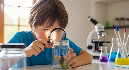 Curious young boy studies a butterfly in a jar with a magnifying glass.