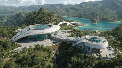 Futuristic architecture on a hillside with lush greenery and transparent background