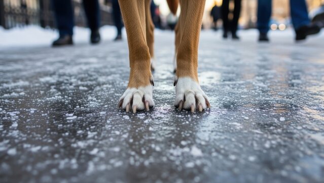 Close-up of a dog's paws on a wet, icy street.