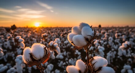 Cotton field at sunset Agriculture landscape with blooming white cotton against the sky.